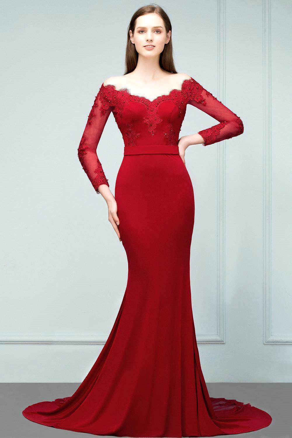 Mermaid Charmeuse Off-the-Shoulder V-Neck Long-Sleeves Floor-Length Bridesmaid Dress with Appliques