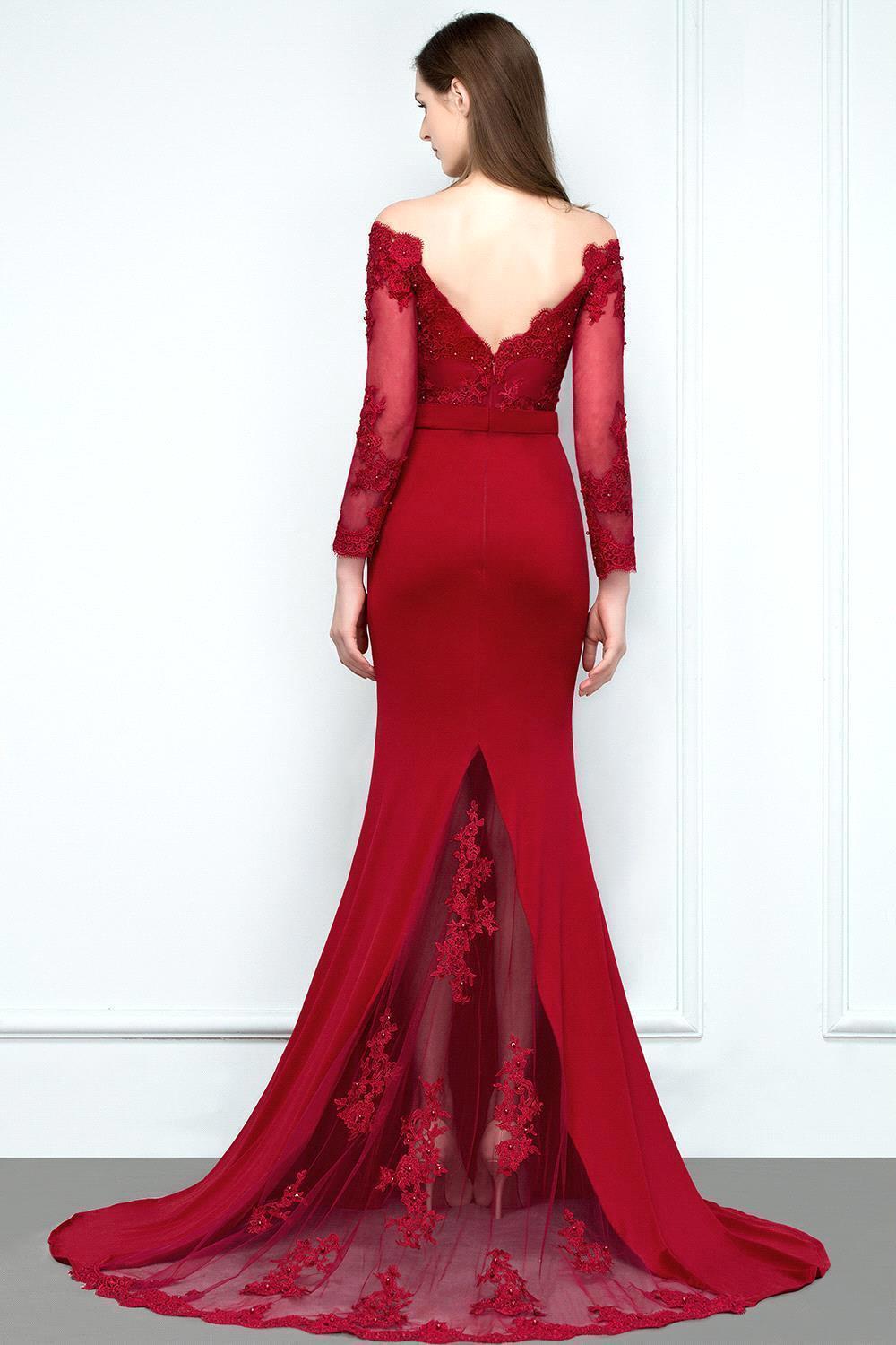 Mermaid Charmeuse Off-the-Shoulder V-Neck Long-Sleeves Floor-Length Bridesmaid Dress with Appliques