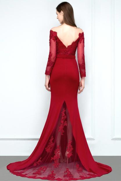Mermaid Charmeuse Off-the-Shoulder V-Neck Long-Sleeves Floor-Length Bridesmaid Dress with Appliques