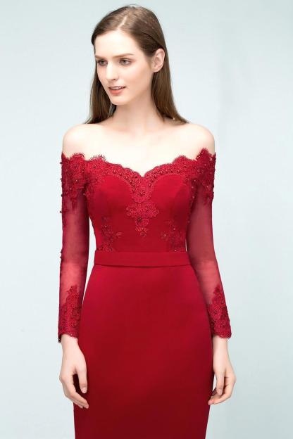 Mermaid Charmeuse Off-the-Shoulder V-Neck Long-Sleeves Floor-Length Bridesmaid Dress with Appliques