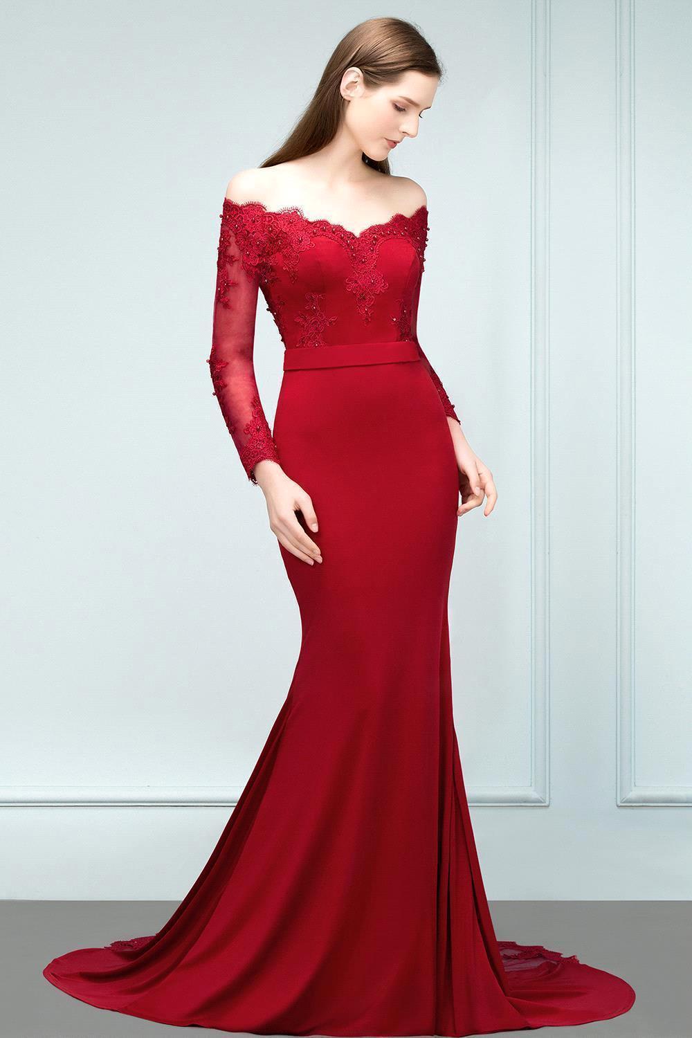 Mermaid Charmeuse Off-the-Shoulder V-Neck Long-Sleeves Floor-Length Bridesmaid Dress with Appliques