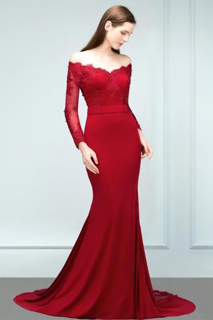 Mermaid Charmeuse Off-the-Shoulder V-Neck Long-Sleeves Floor-Length Bridesmaid Dress with Appliques