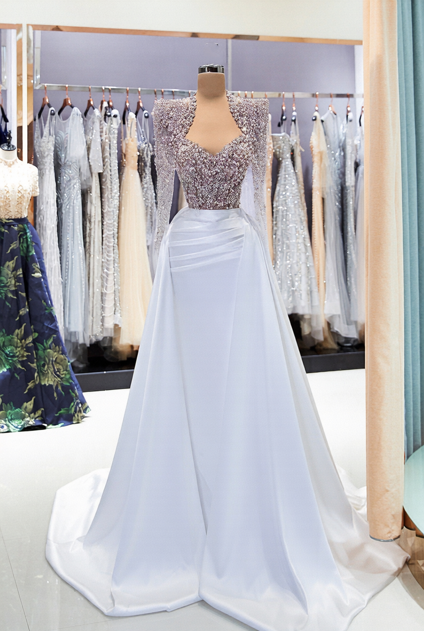 Mermaid Long Satin Sweetheart Satin Beaded Prom Dress with Sleeves