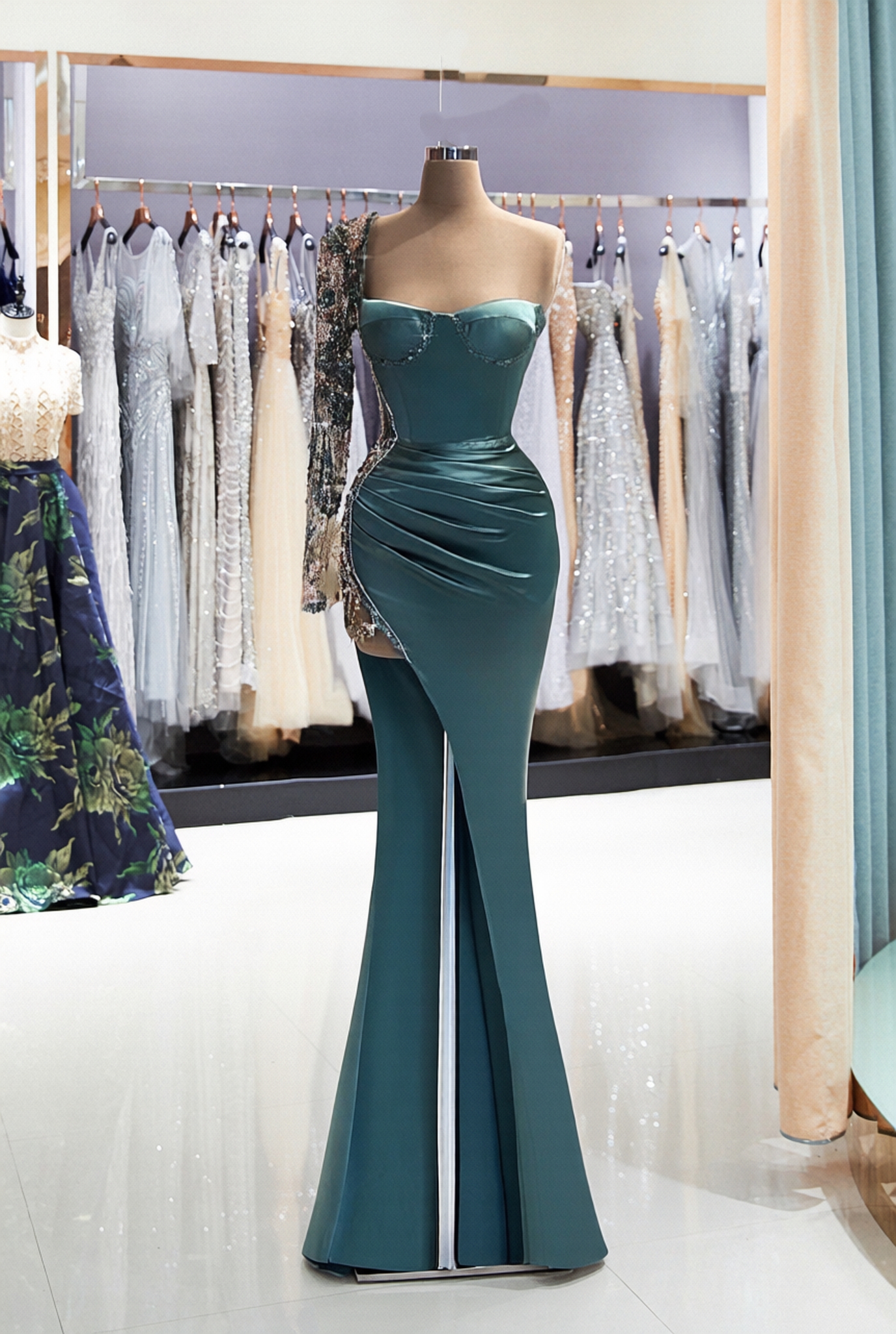 Mermaid Long Side Split One Shoulder Prom Dress with Sleeves