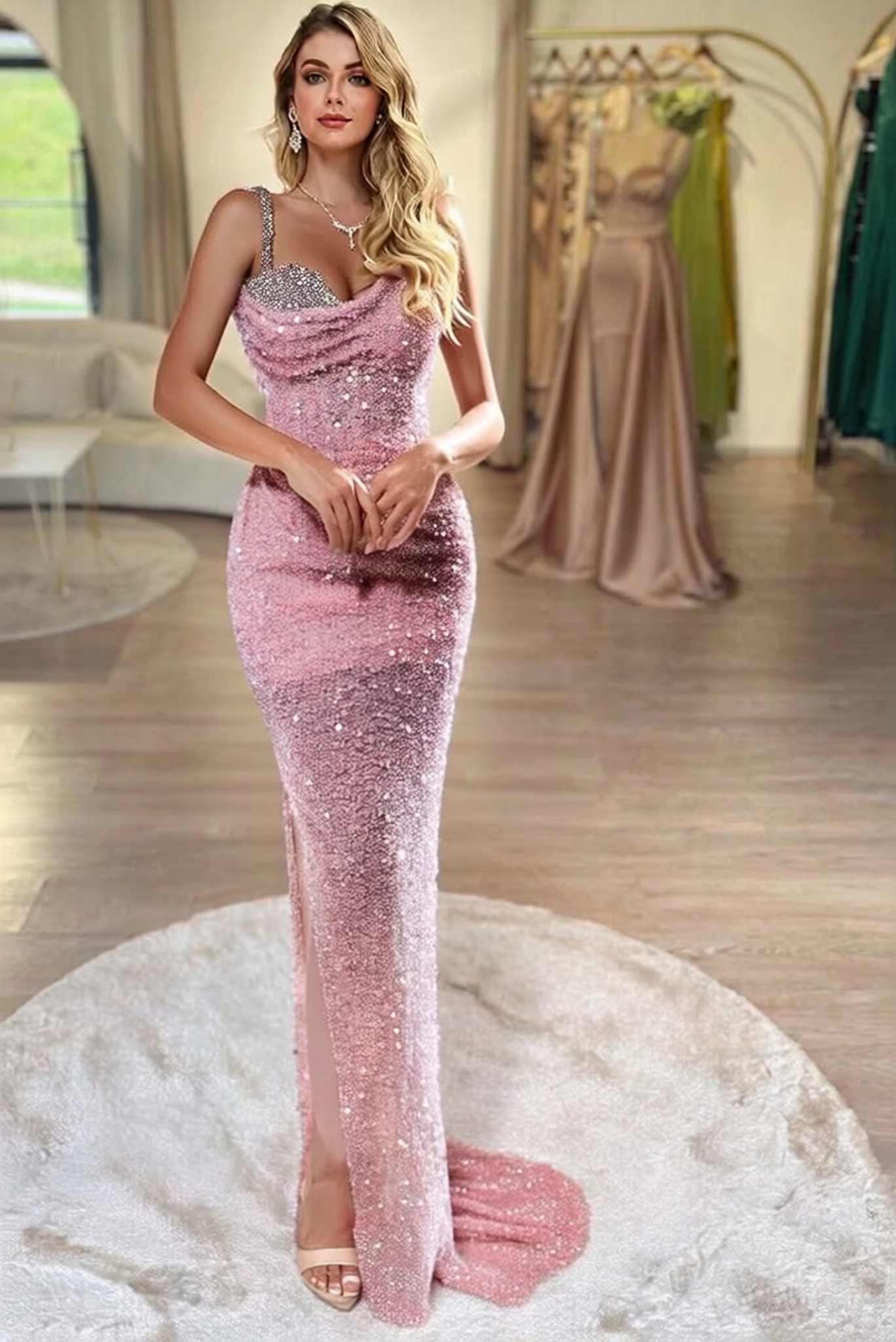 Mermaid Long Spaghetti Straps Sweetheart Sequin Prom Dress with Slit
