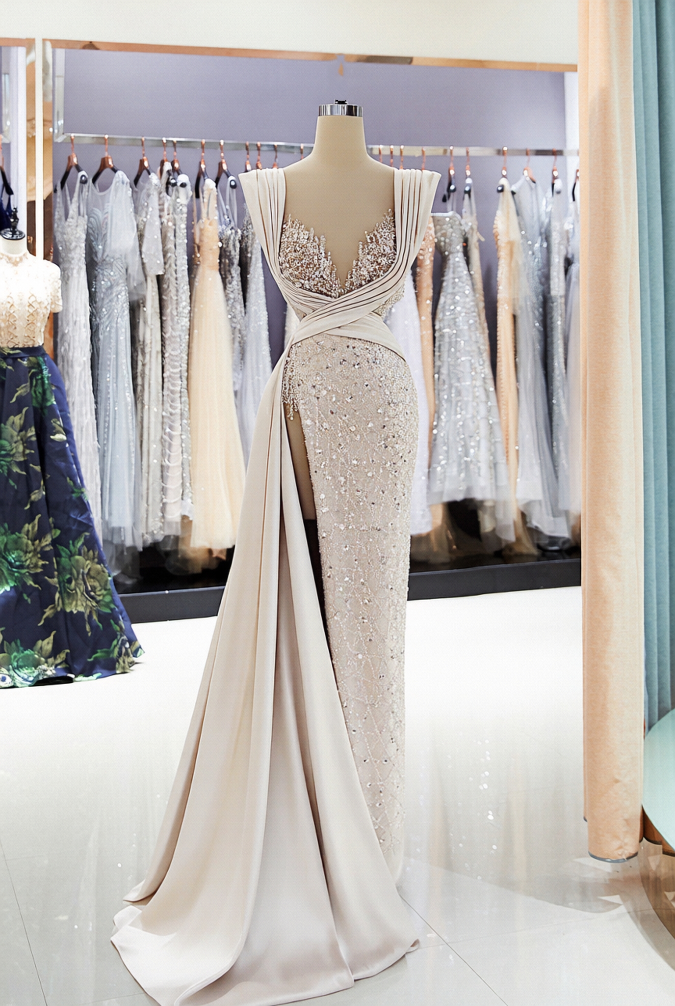 Mermaid Long Split Side V-Neck Satin Prom Dress with Beaded