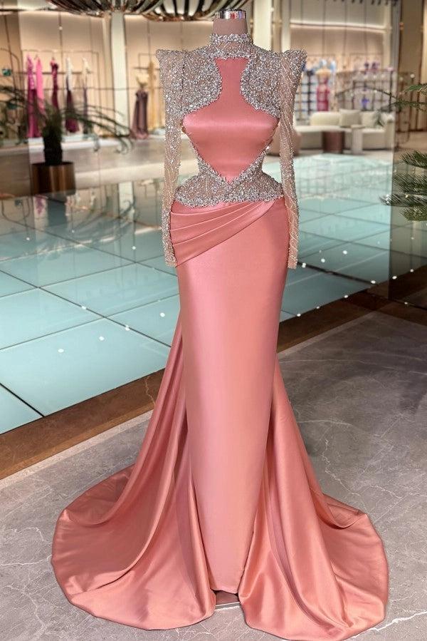 Cocosbride Pink Satin Long Sleeves Mermaid Prom Dress with Rhinestones