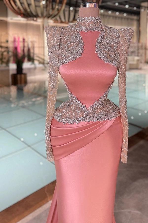 Cocosbride Pink Satin Long Sleeves Mermaid Prom Dress with Rhinestones