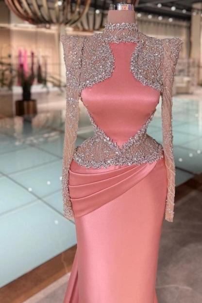 Cocosbride Pink Satin Long Sleeves Mermaid Prom Dress with Rhinestones