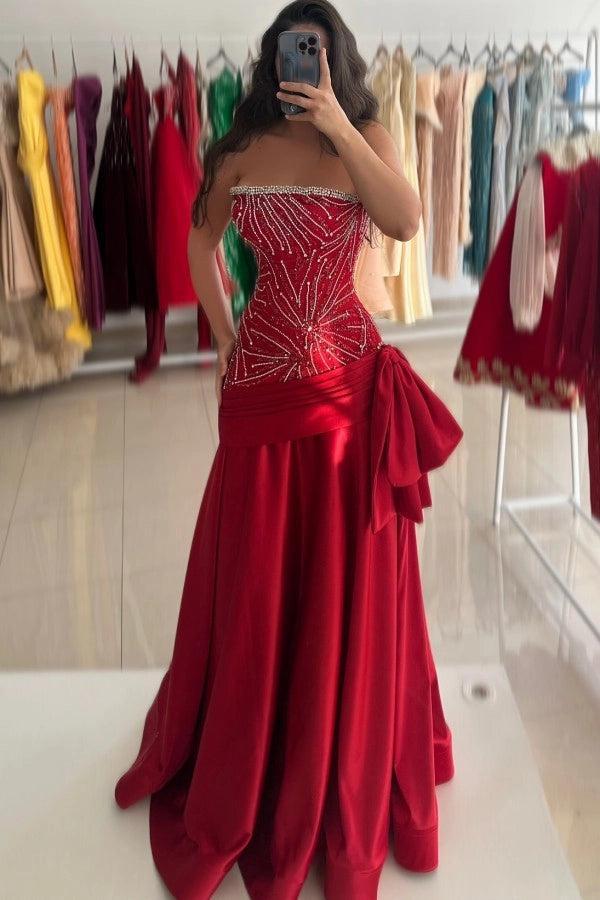 Cocosbride Red Strapless Beading Mermaid Satin Prom Dress with Bow