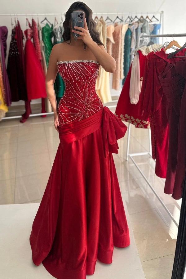 Cocosbride Red Strapless Beading Mermaid Satin Prom Dress with Bow