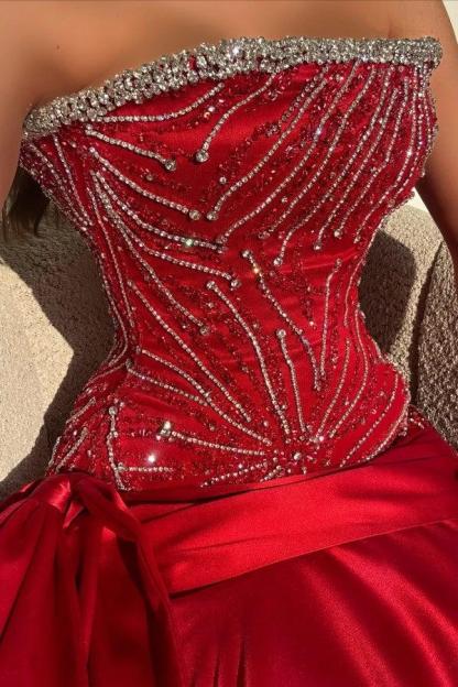 Cocosbride Red Strapless Beading Mermaid Satin Prom Dress with Bow