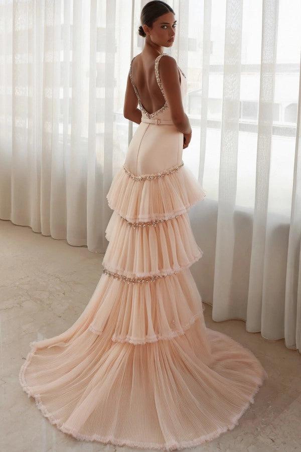 Cocosbride Square Neck Ruffled Long Mermaid Evening Dress with Rhinestones