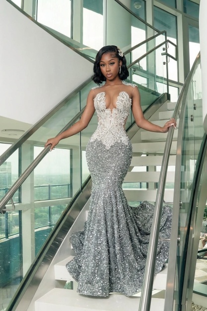 Mermaid Sequin Prom Dress with Illusion Neckline - Silver Beaded Evening Gown