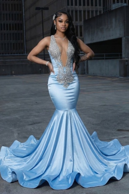 Mermaid V-neck Satin Beaded Long Sky Blue Prom Dress