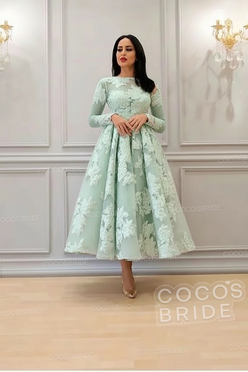 Elegant Short A-line High Neck Lace Ankle Length Formal Evening Dress with Sleeves