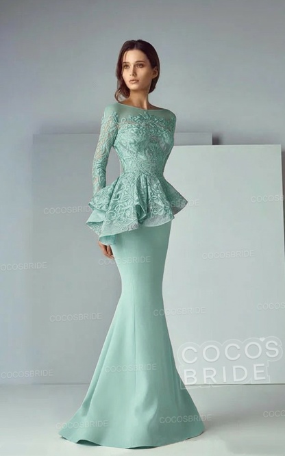 Modest Long Mermaid Lace Satin Formal Prom Dresses with Sleeves