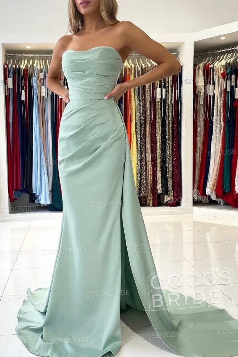 Long Mermaid Strapless Satin Prom Dress with Slit