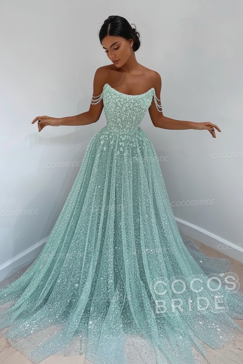 Long A-line Sparkly Sleeveless Sequined Formal Prom Dress