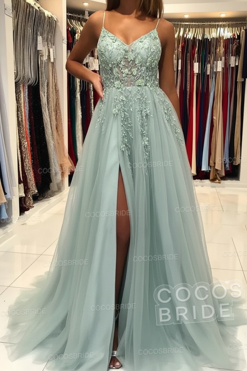 Long A-line V-neck Spaghetti Straps Open Back Prom Dress with Slit