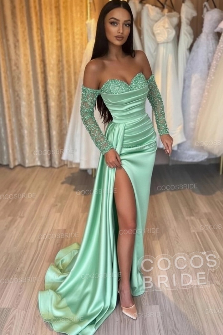 Long Mermaid Off the Shoulder Satin Front Slit Prom Dresses with Sleeves