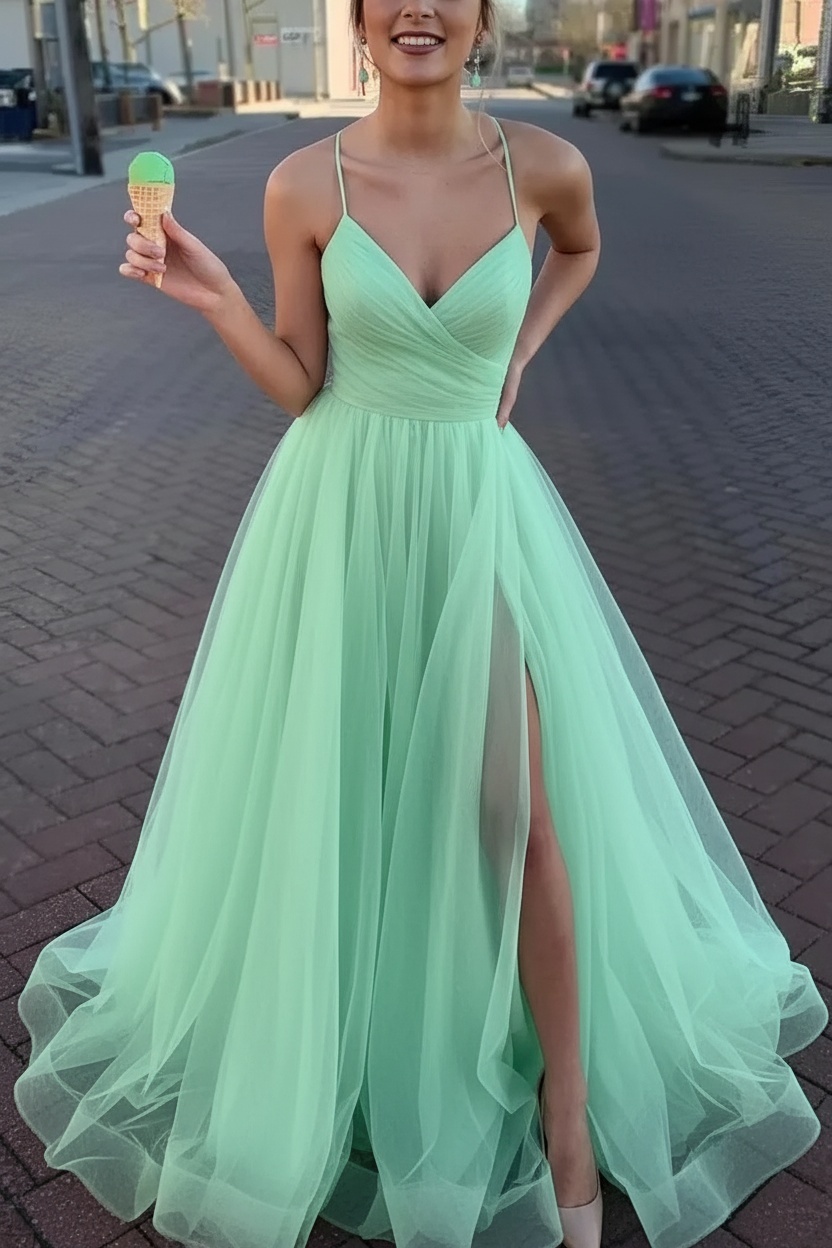 Long Spaghetti Straps V-neck A-Line Tulle Prom Dress With Side Slit