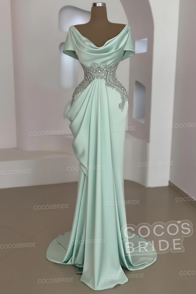 Mermaid Cowl Neck Satin Long Prom Dresses with Short Sleeves