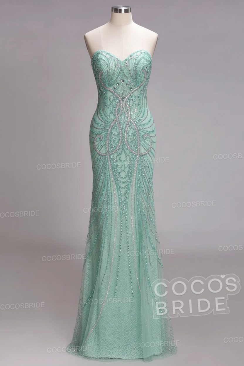 Mermaid Strapless Sweetheart Long Sequined Formal Evening Dresses with Beads