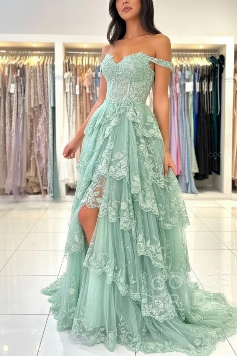 Off The Shoulder Sweetheart Lace A-Line Long Prom Dress with Slit