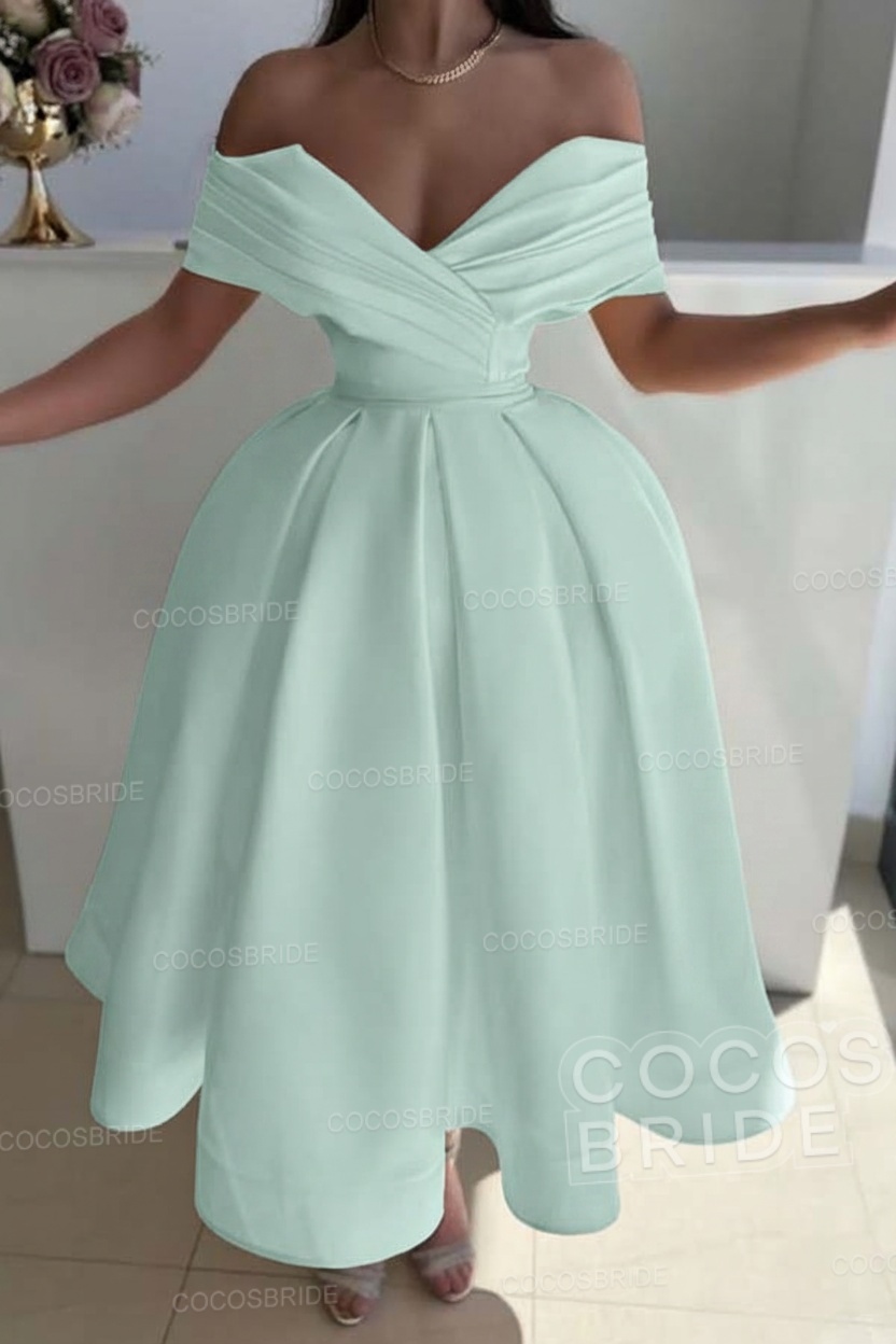 Off the Shoulder A-Line Satin Prom Dress with Pleated