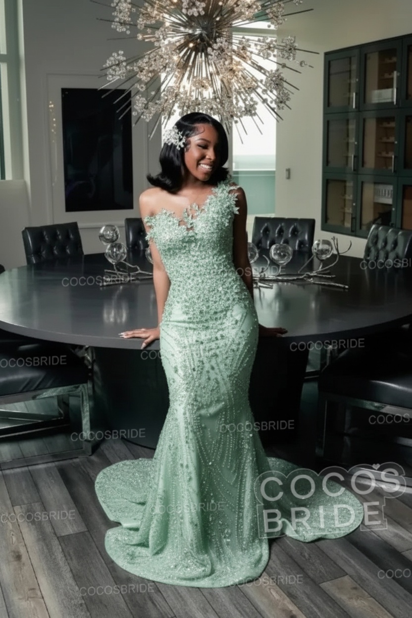One Shoulder Sleeveless Mermaid Prom Dress with Beaded