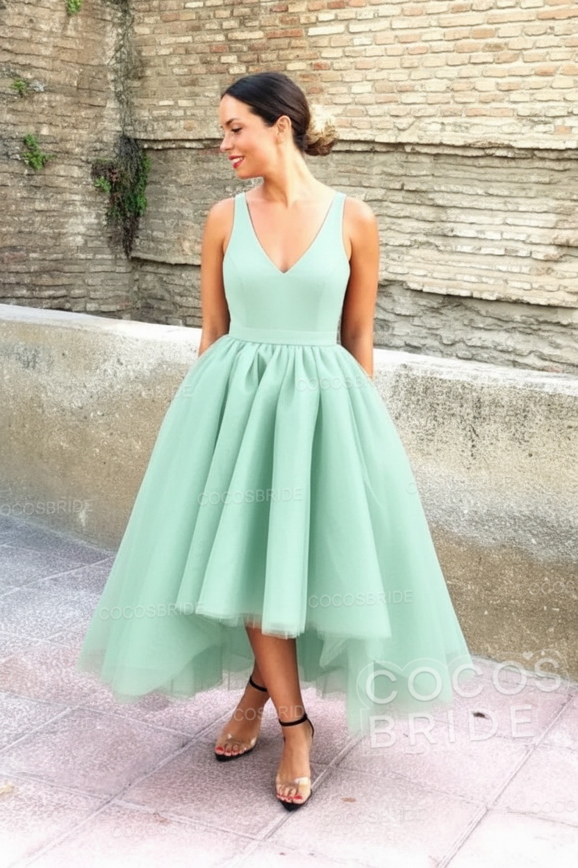 Simple Black V-neck Sleeveless Asymmetrical A-Line Prom Dresses