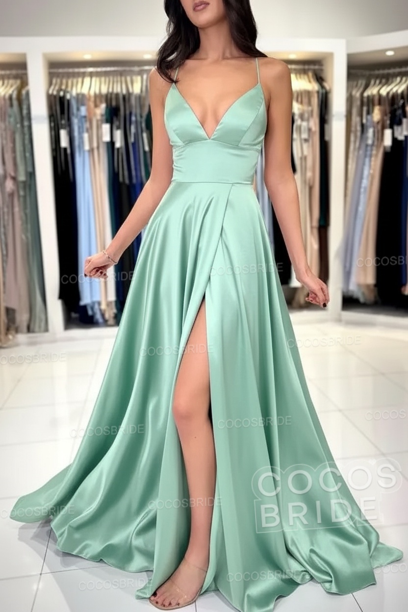 Simple Long A-line V-neck Satin Backless Formal Prom Dresses with Slit