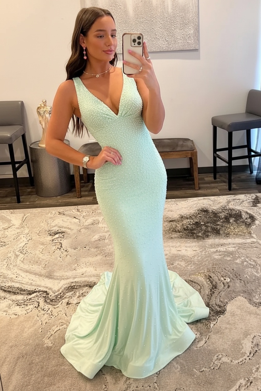 Orange Long Mermaid V neck Sequin Backless Prom Dress