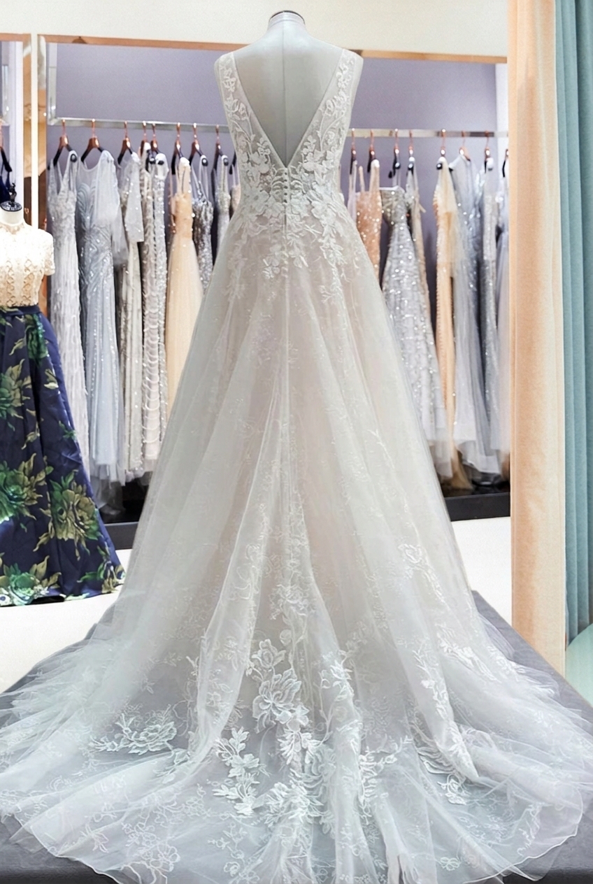 Modest Long A-line Deep V-neck Open Back Tulle Wedding Dress with Appliques Lace