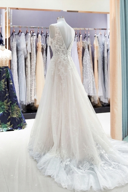 Modest Long A-line Deep V-neck Open Back Tulle Wedding Dress with Appliques Lace