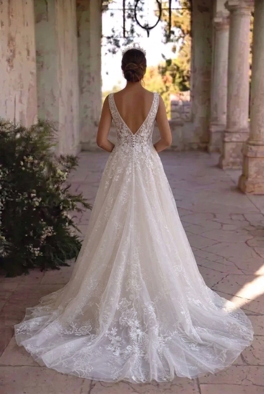 Modest Long A-line Deep V-neck Open Back Tulle Wedding Dress with Appliques Lace