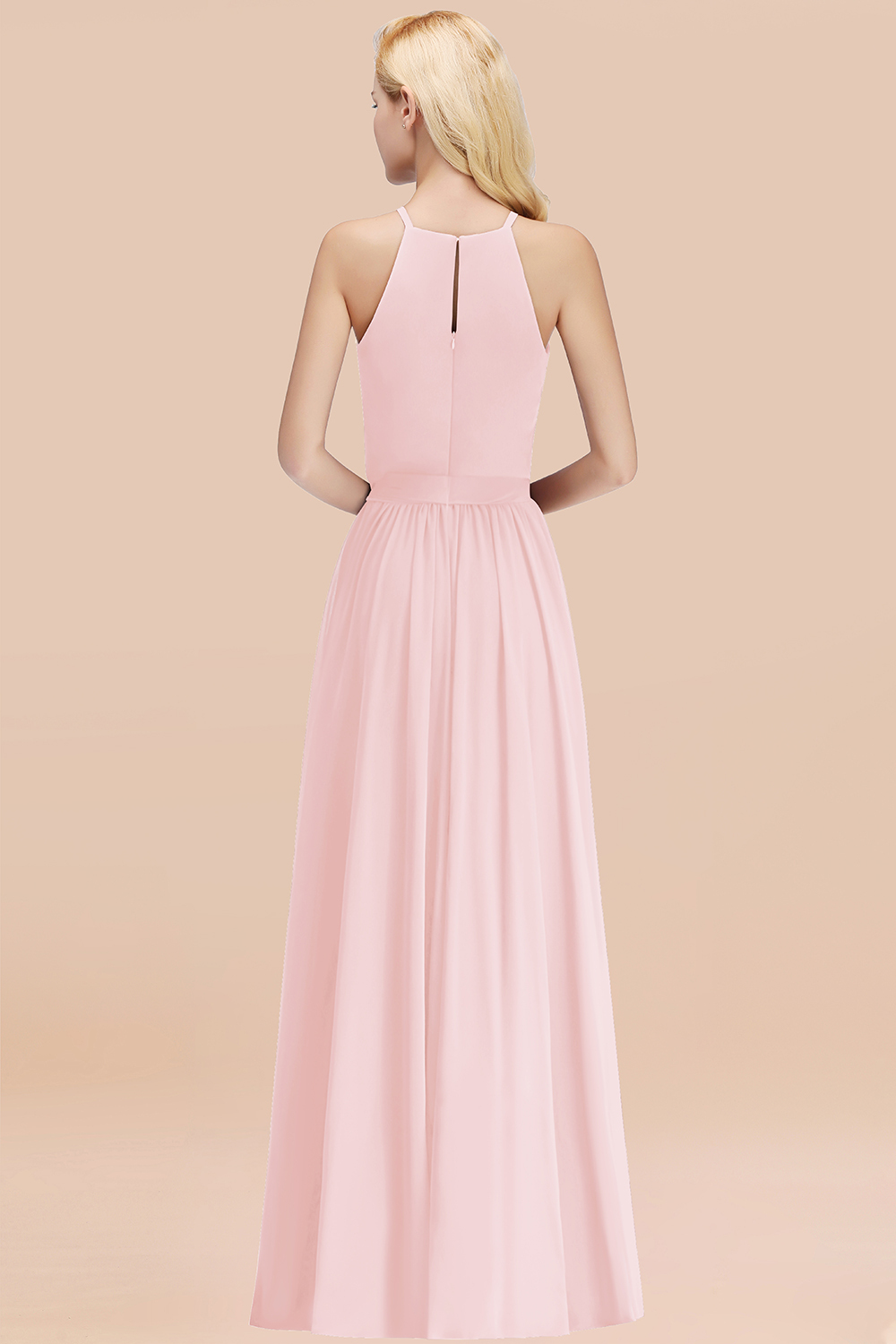 Modest Long A-line Halter Chiffon Bow Blushing Pink Bridesmaid Dresses