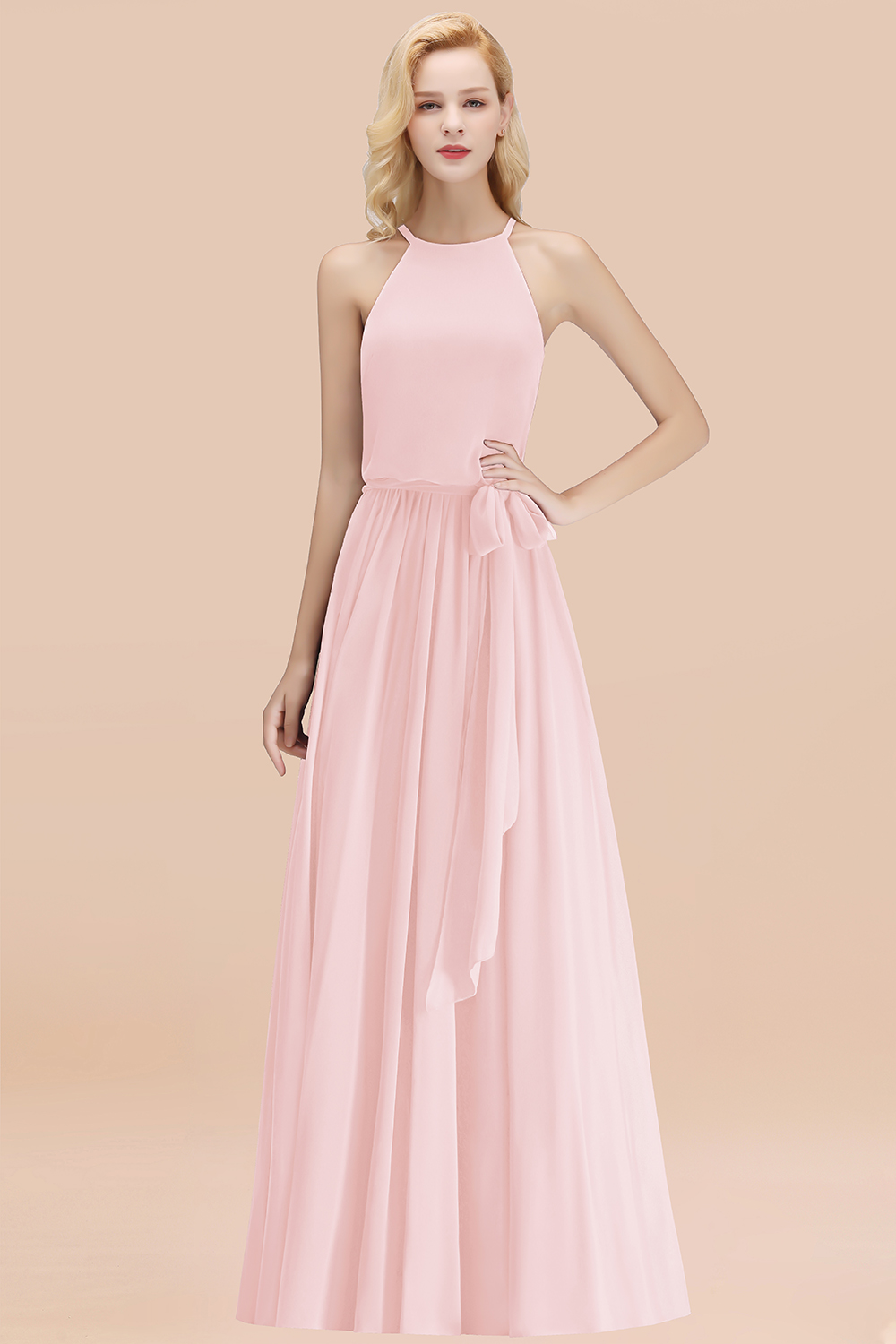 Modest Long A-line Halter Chiffon Bow Blushing Pink Bridesmaid Dresses