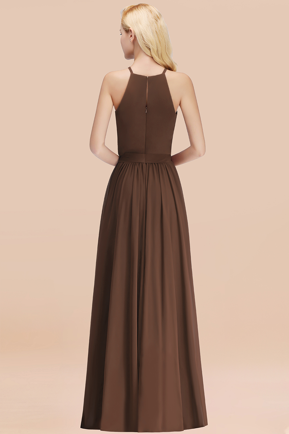 Modest Long A-line Halter Chiffon Bow Brown Bridesmaid Dresses