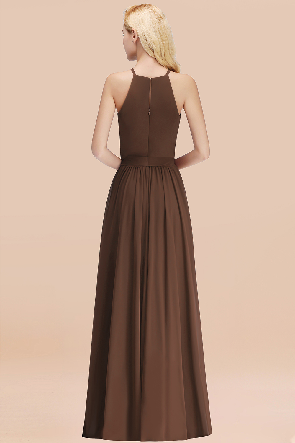 Modest Long A-line Halter Chiffon Bow Brown Bridesmaid Dresses