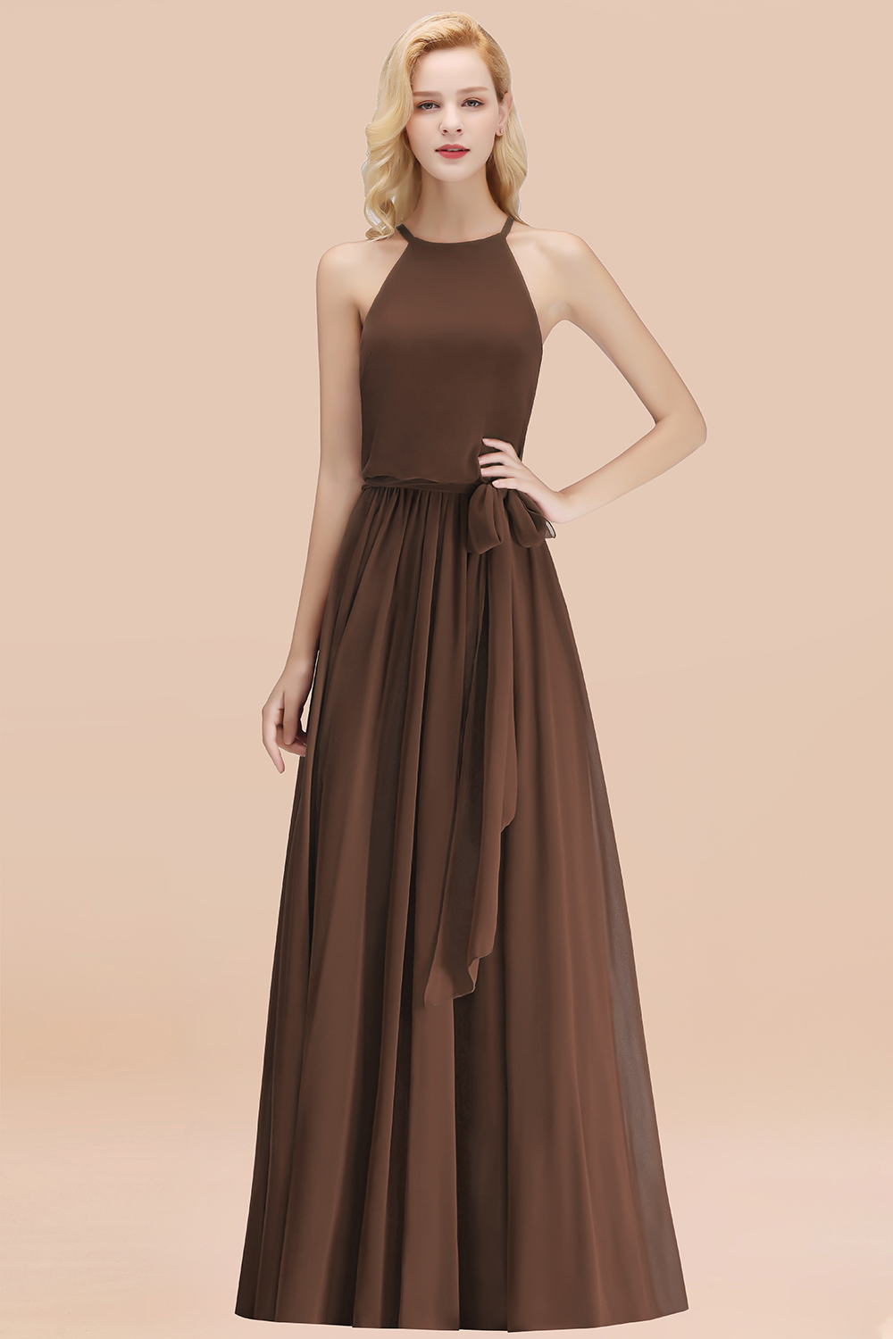 Modest Long A-line Halter Chiffon Bow Brown Bridesmaid Dresses