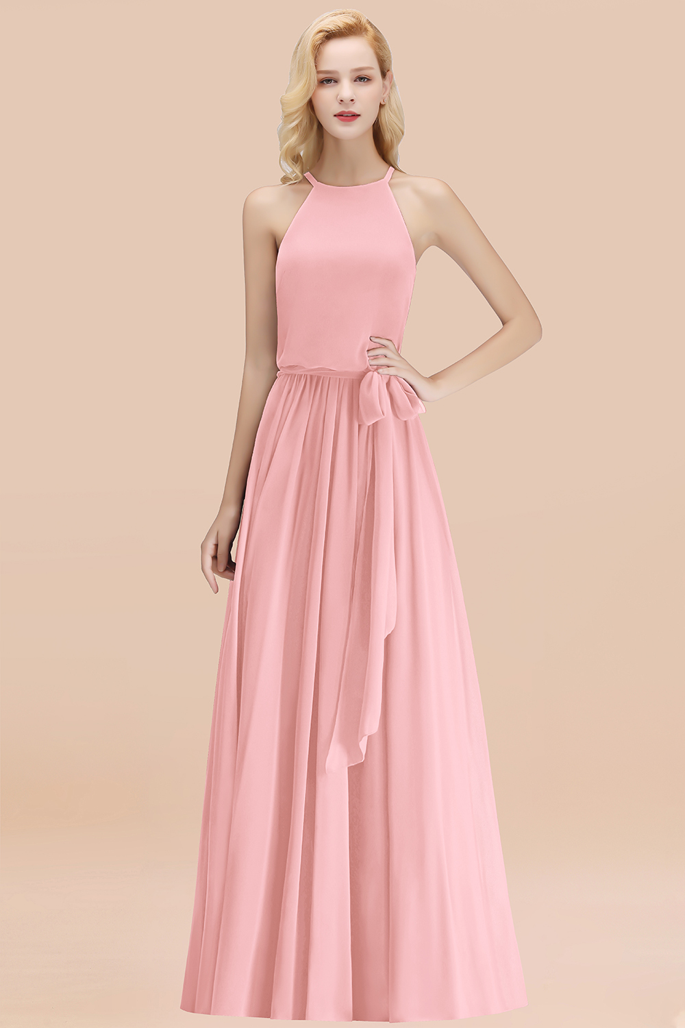 Modest Long A-line Halter Chiffon Bow Candy Pink Bridesmaid Dresses