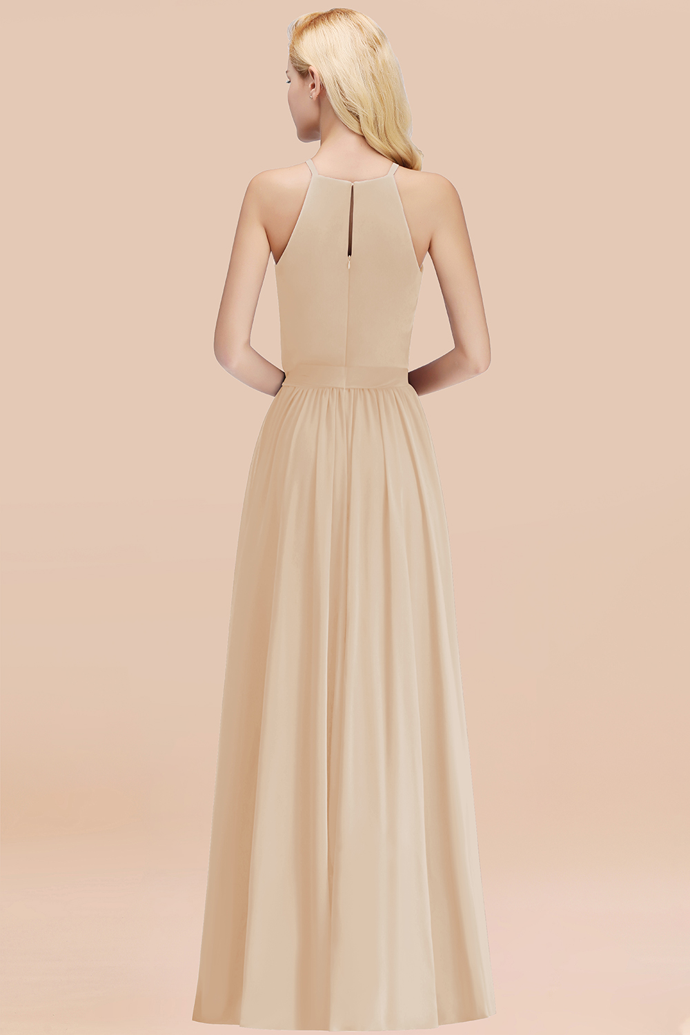 Modest Long A-line Halter Chiffon Bow Champagne Bridesmaid Dresses