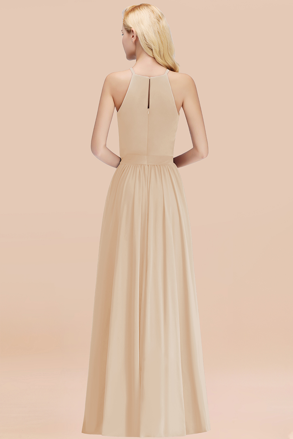 Modest Long A-line Halter Chiffon Bow Champagne Bridesmaid Dresses