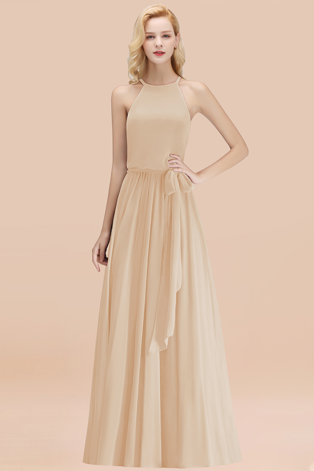 Modest Long A-line Halter Chiffon Bow Champagne Bridesmaid Dresses