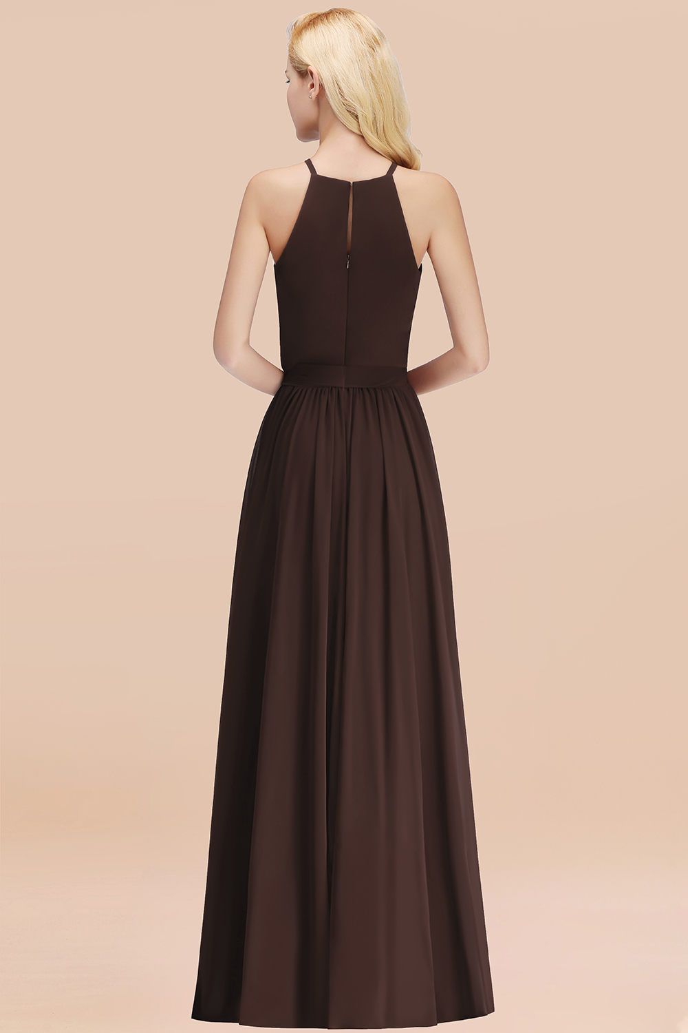 Modest Long A-line Halter Chiffon Bow Chocolate Bridesmaid Dresses