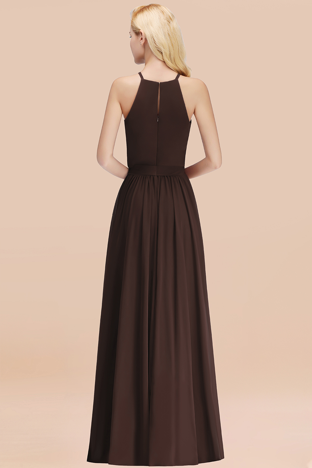 Modest Long A-line Halter Chiffon Bow Chocolate Bridesmaid Dresses