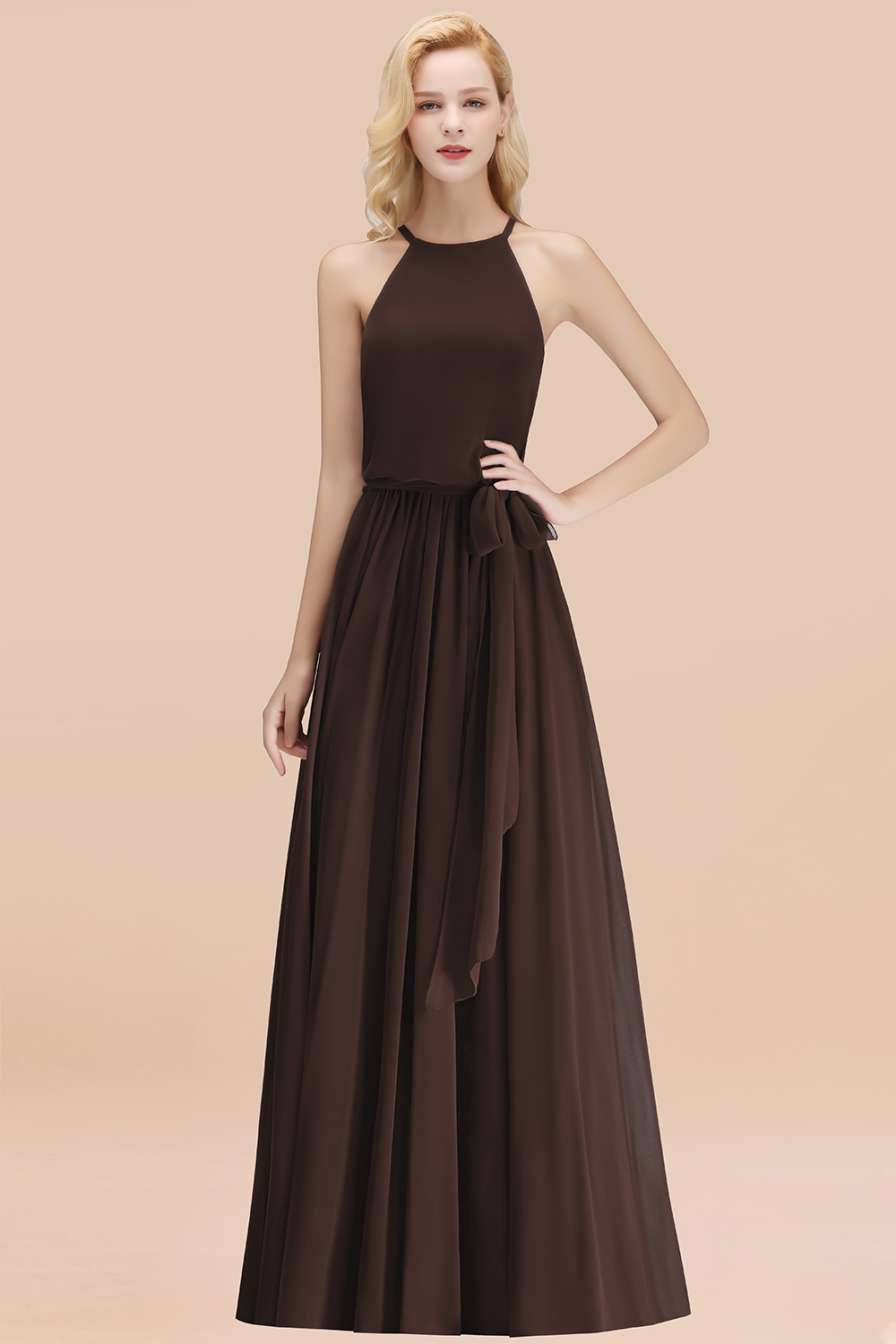 Modest Long A-line Halter Chiffon Bow Chocolate Bridesmaid Dresses