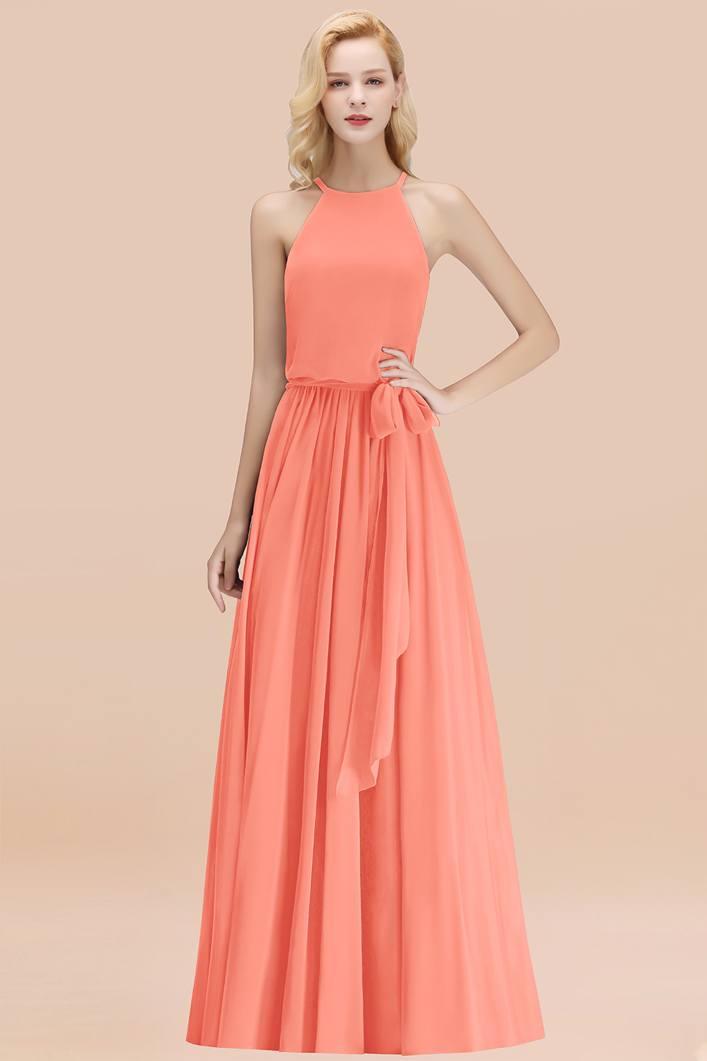 Modest Long A-line Halter Chiffon Bow Coral Bridesmaid Dresses